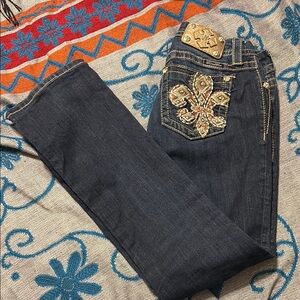 Miss Me Boot Cut Jeans in Blue and Gold with Fleur-de-Lis Embroidery